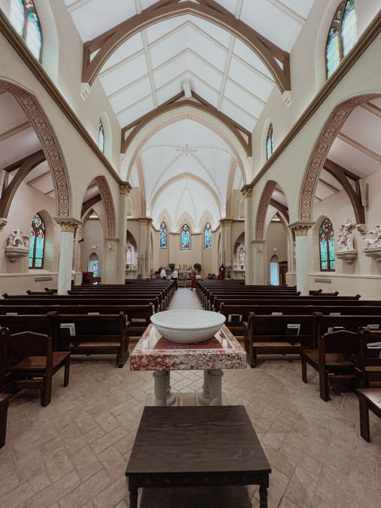 image shows a view inside of a church