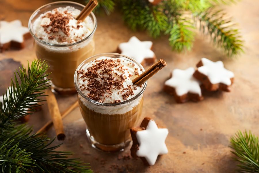 image shows a hot coco drink with toppings