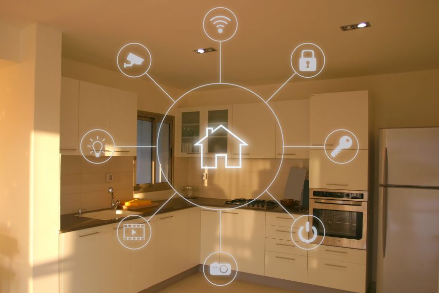 image shows a kitchen with a diagram showing home connectivity