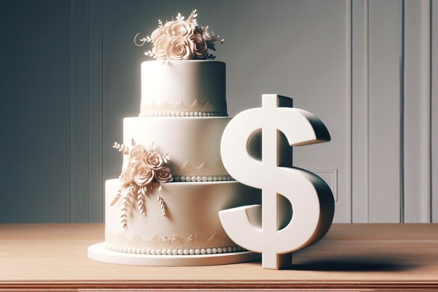 image shows a cake and dollar sign implying budgeting for a wedding