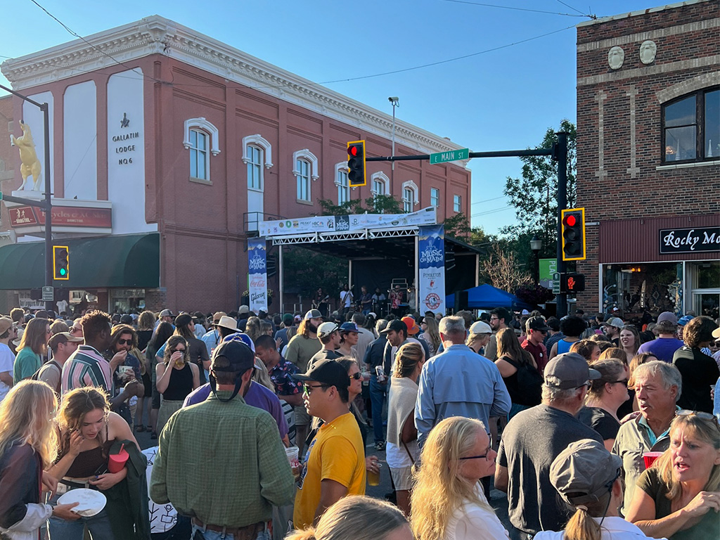 image shows a large crowd gathered around a music stage