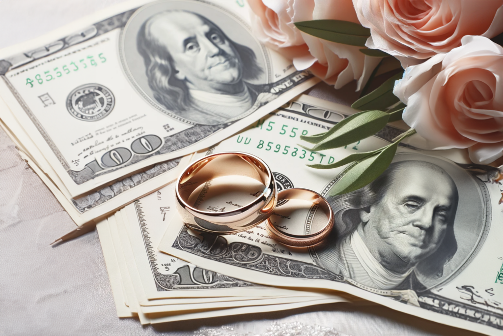 image shows money and rings and flowers