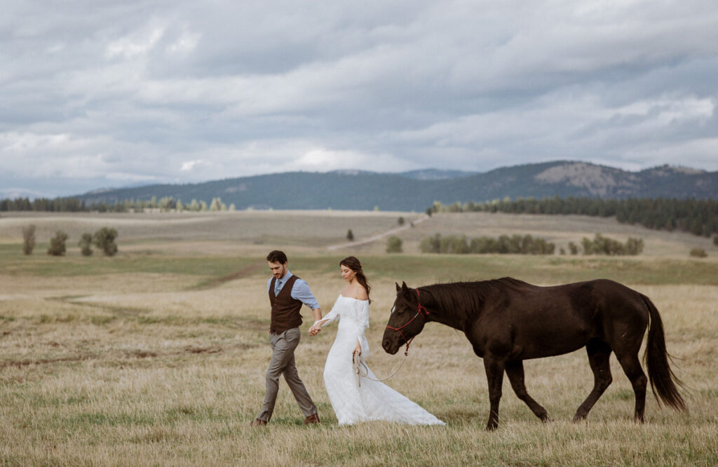 image shows a bride and groom strolling with a horse